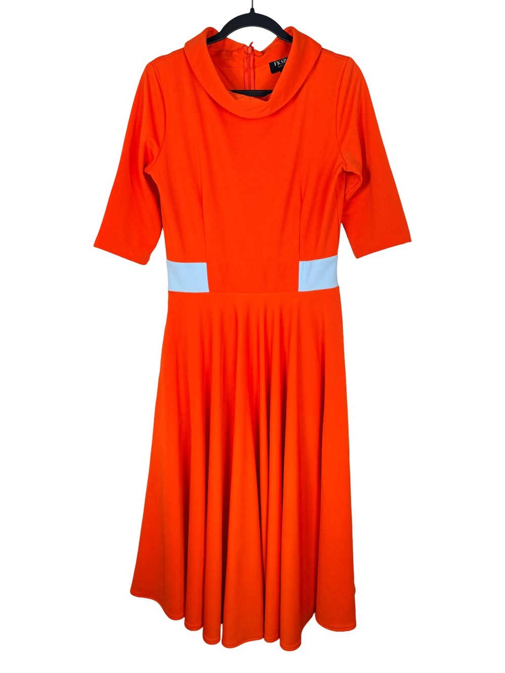 FKSP Bright Orange Midi Fit-and-Flare Dress with Light Blue Waist Accents - Picture 4 of 8